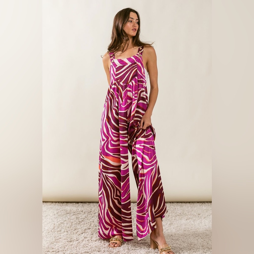 SATIN ZEBRA PRINT WIDE LEG JUMPSUIT BY BiBi. Bohemian style Overall - Picture 2 of 9